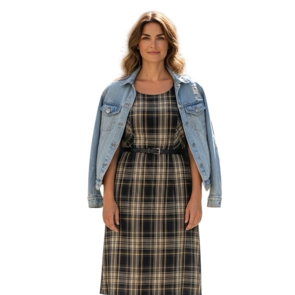 BLUE J black/tan/olive plaid jumper dress midi/maxi with pockets size Large - Picture 2 of 8